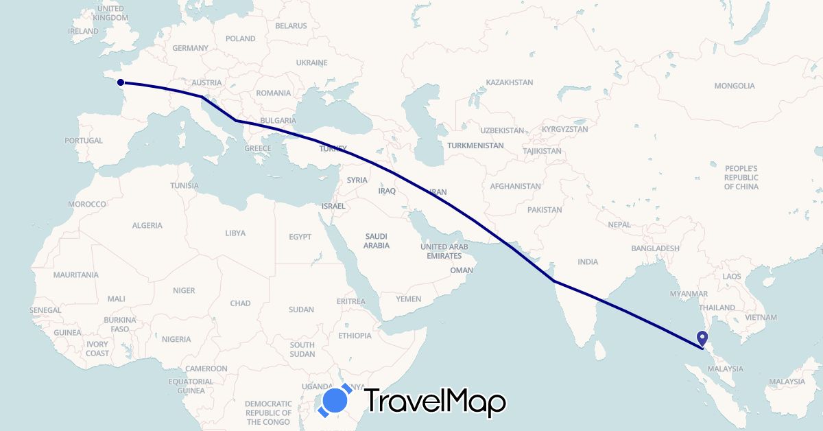 TravelMap itinerary: driving in France, Croatia, India, Italy, Thailand (Asia, Europe)